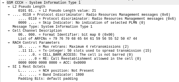 Capture BTS Cell Broadcast Unencrypted Data 20 CCCH - System Information Type 1